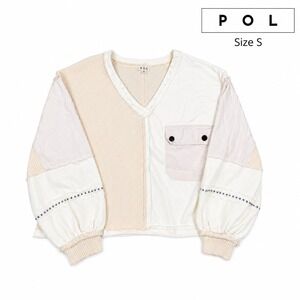 POL Patchwork Waffle Knit Mixed Media Boho Top Stud Sleeve Pocket Size S